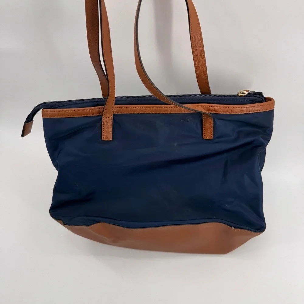 Michael Kors Kempton Navy Blue Nylon Brown Leather Tote HandBag Retail $138
